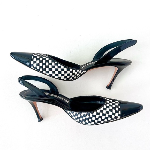 MANOLO BLAHNIK | Black White Cap Toe Woven Leather SlingBack Pointed Pumps - Picture 13 of 16
